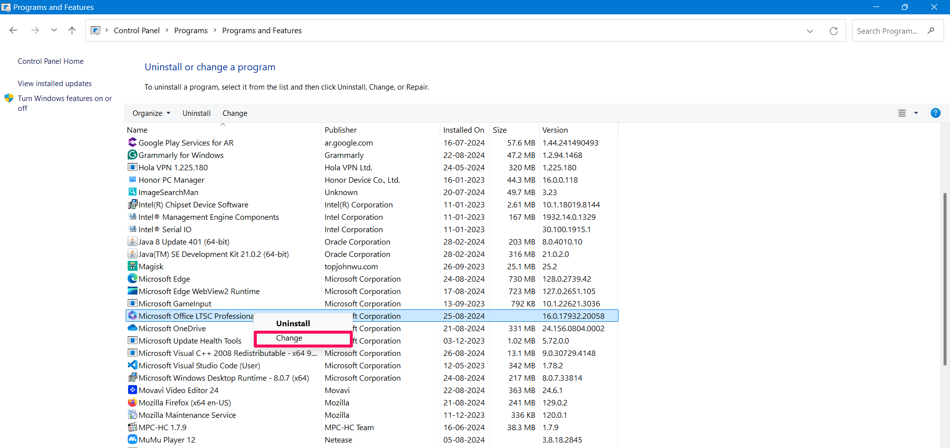 Microsoft 365 앱을 마우스 오른쪽 버튼으로 클릭하고 변경을 클릭합니다