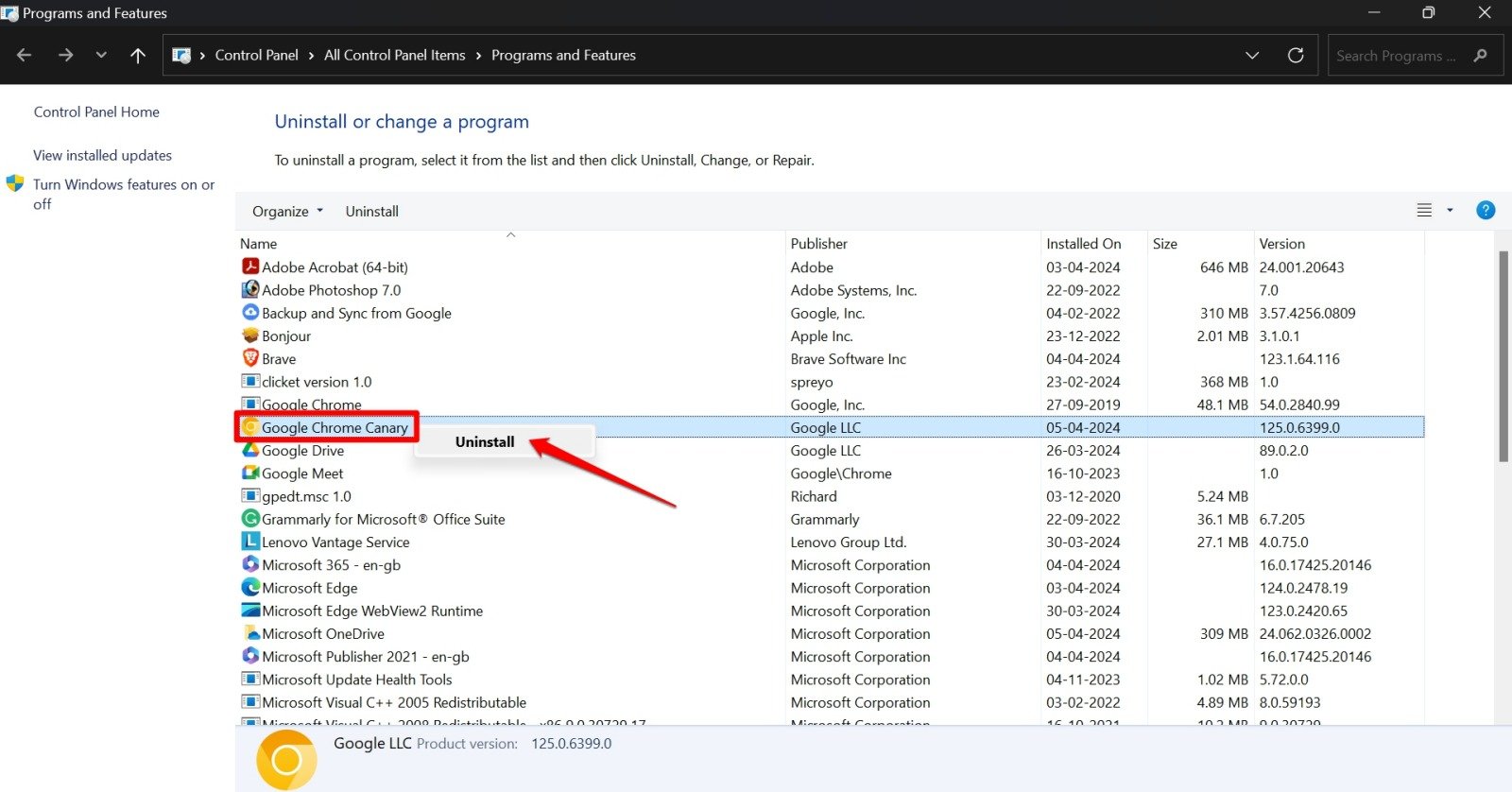 disinstalla google chrome canary Windows