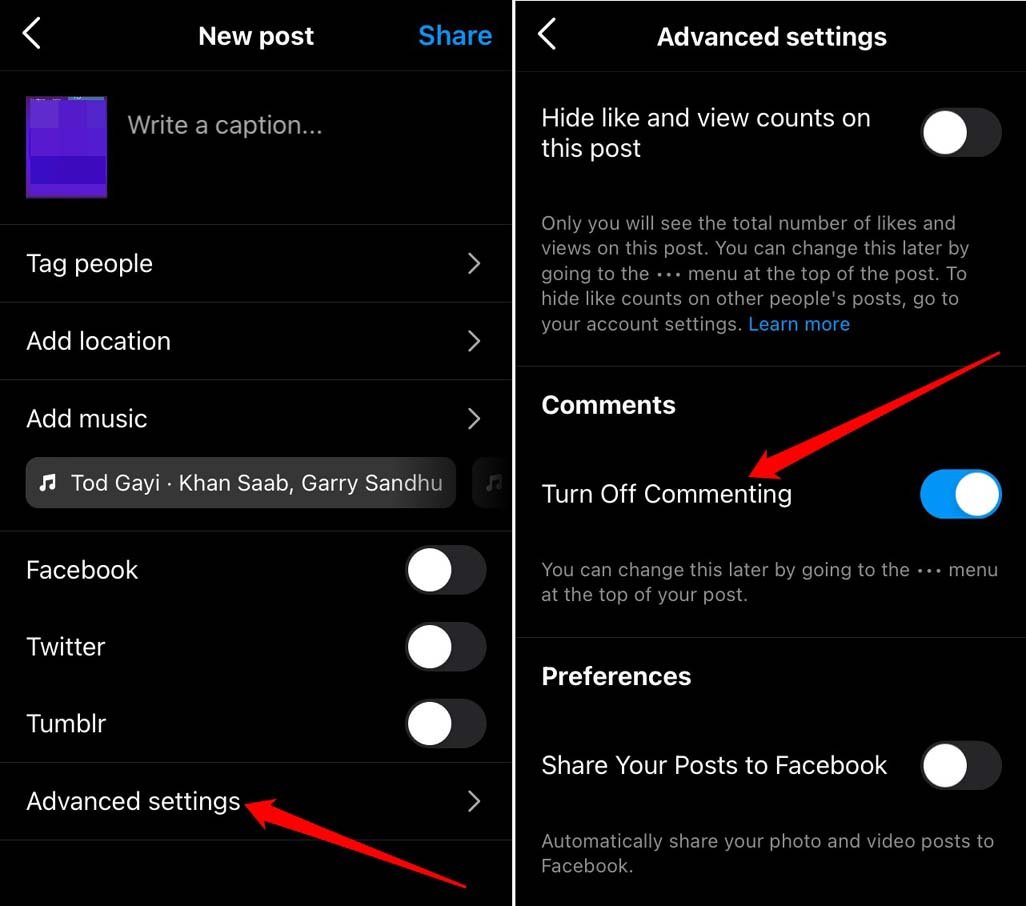 disattivare i commenti prima della pubblicazione su Instagram