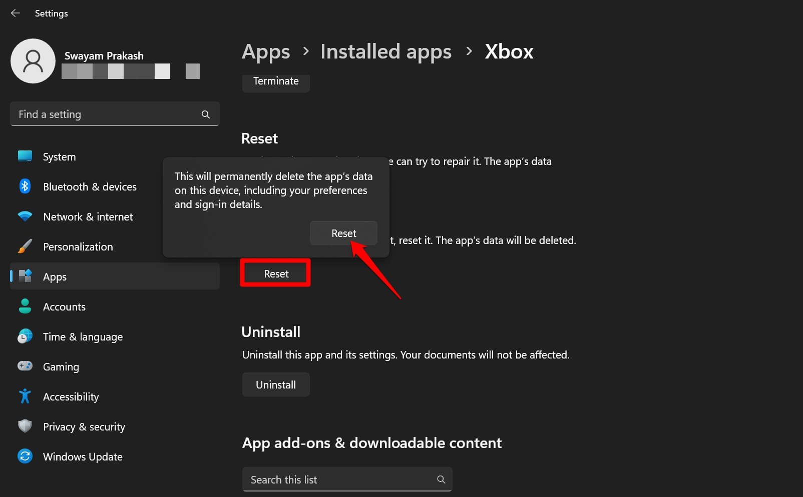 Windows 11에서 Xbox 앱 초기화