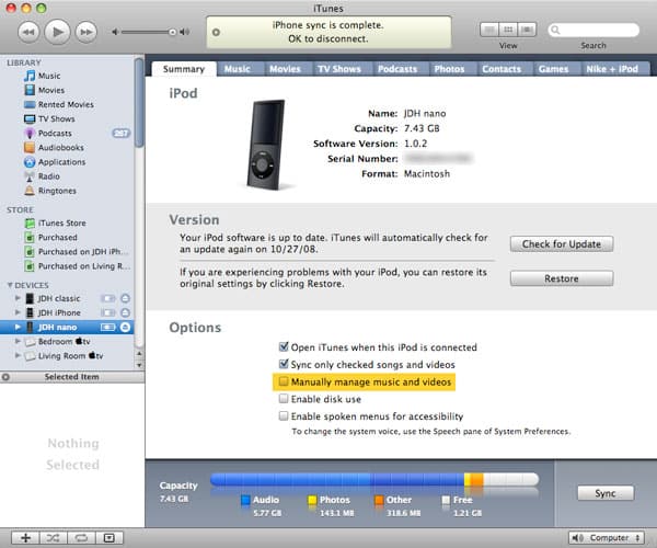 Недавно добавленные треки не отображаются на iPod