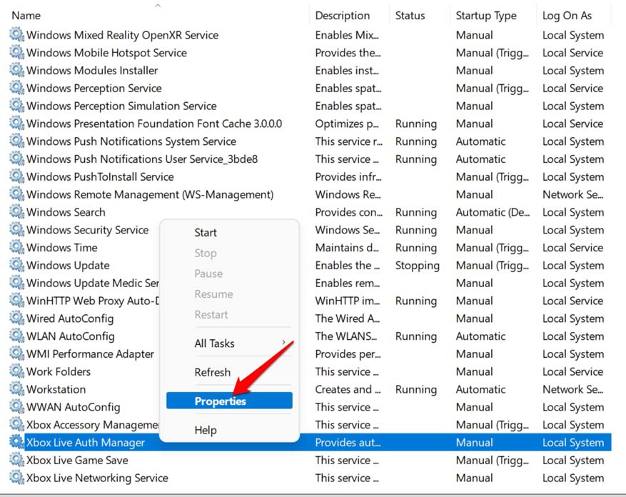 propriétés des services Xbox