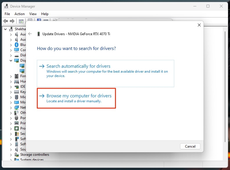 Buscar en mi computadora los controladores - Error de inicio del controlador de pantalla de Nvidia