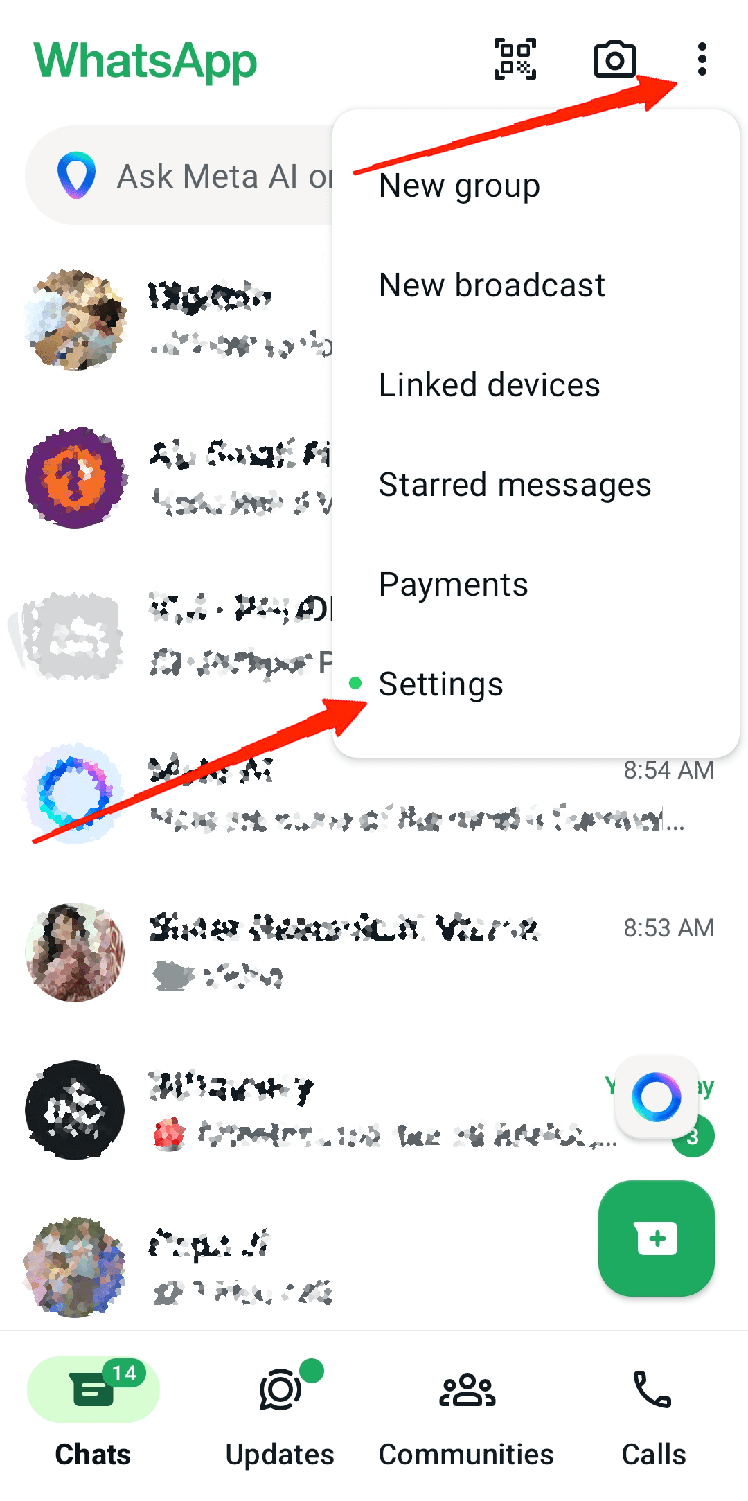Avvia l'applicazione WhatsApp sul tuo dispositivo e tocca i tre punti nell'angolo in alto a destra.