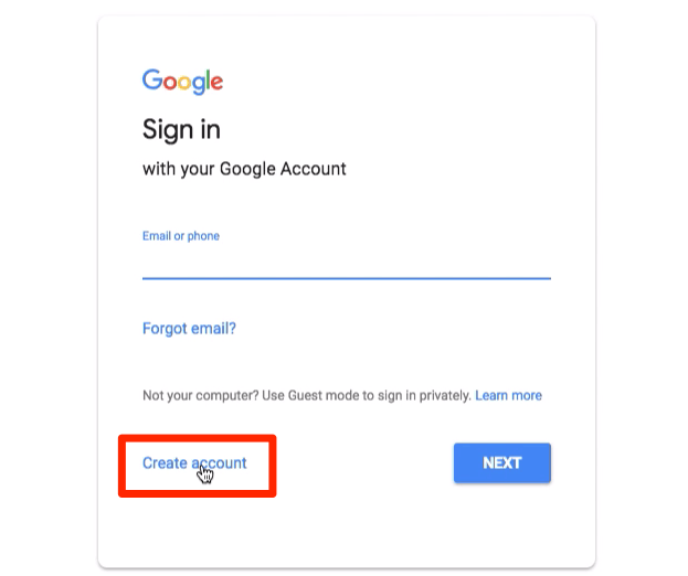 Créer un compte sur la page de connexion de Google
