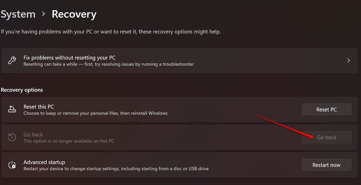 ripristina a una build precedente di Windows