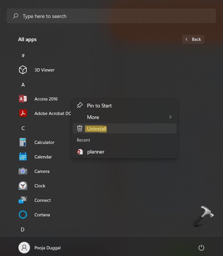 Rimuovi le app preinstallate di Windows utilizzando il menu Start