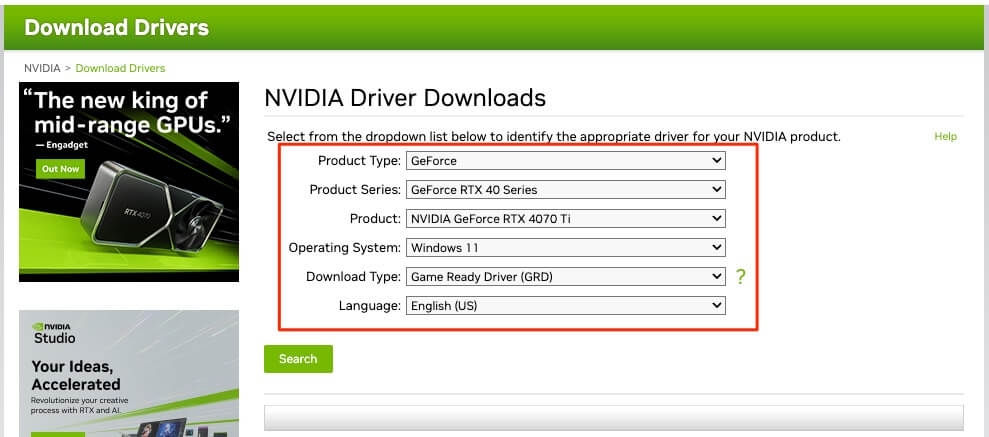 Sitio web del controlador gráfico de Nvidia - Error de inicio del controlador de pantalla de Nvidia