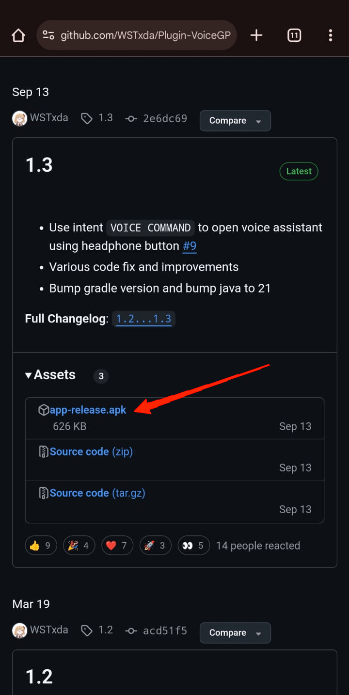 Tippen Sie im Tab „Assets“ auf die „app-release.apk“ und warten Sie, bis sie heruntergeladen ist.