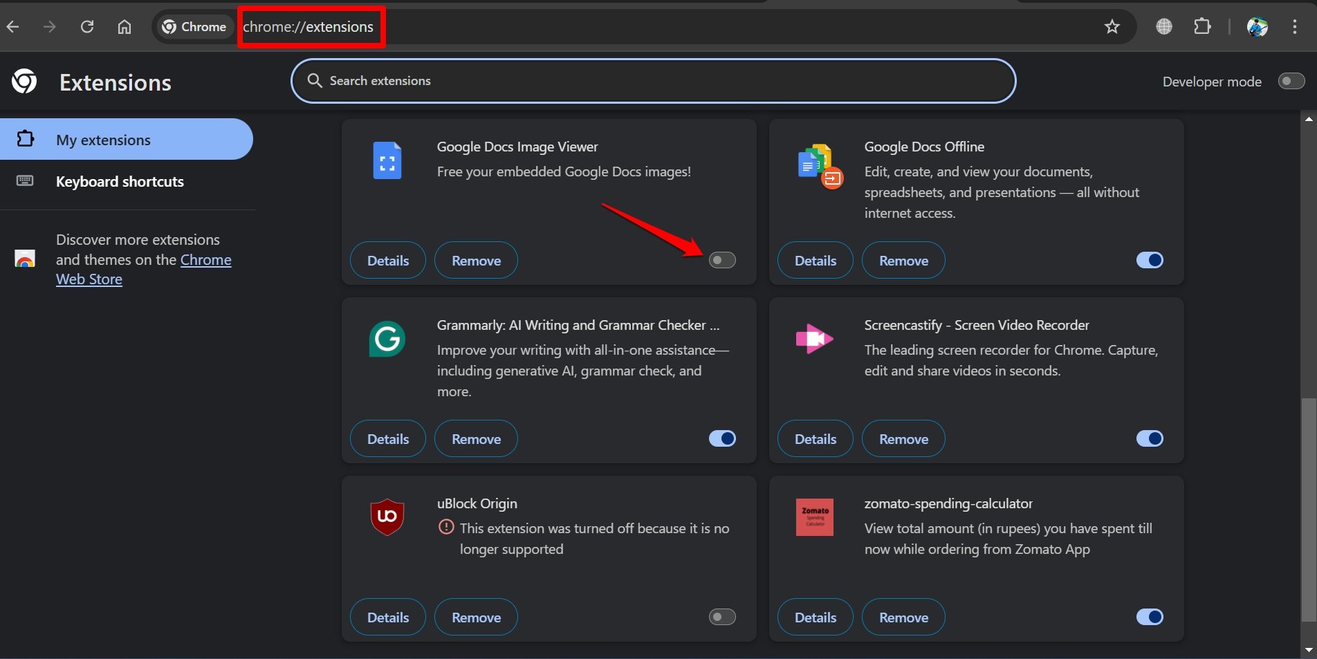 Chromeで拡張機能を無効にする