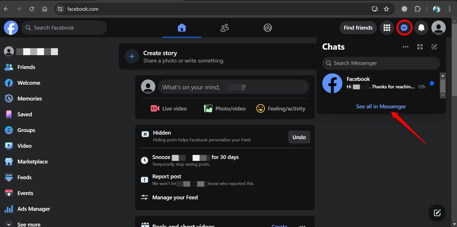 Facebook Messenger PCでのすべてのチャットを表示