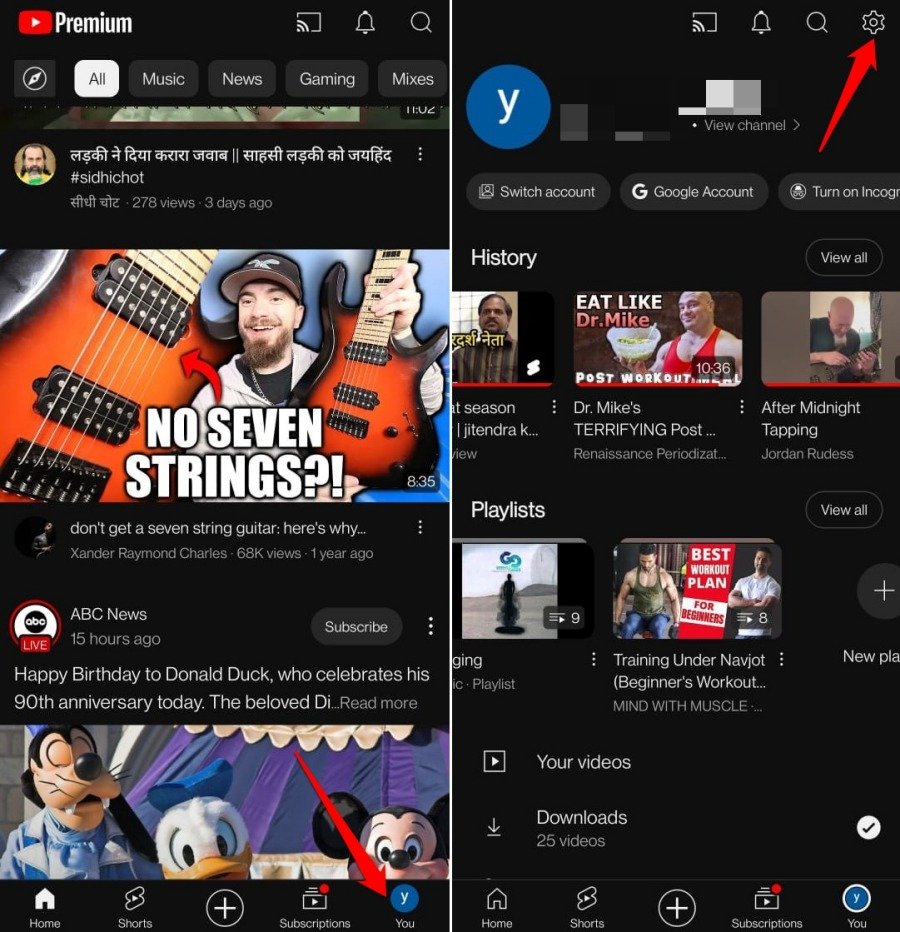 panel de configuración de cuenta de youtube