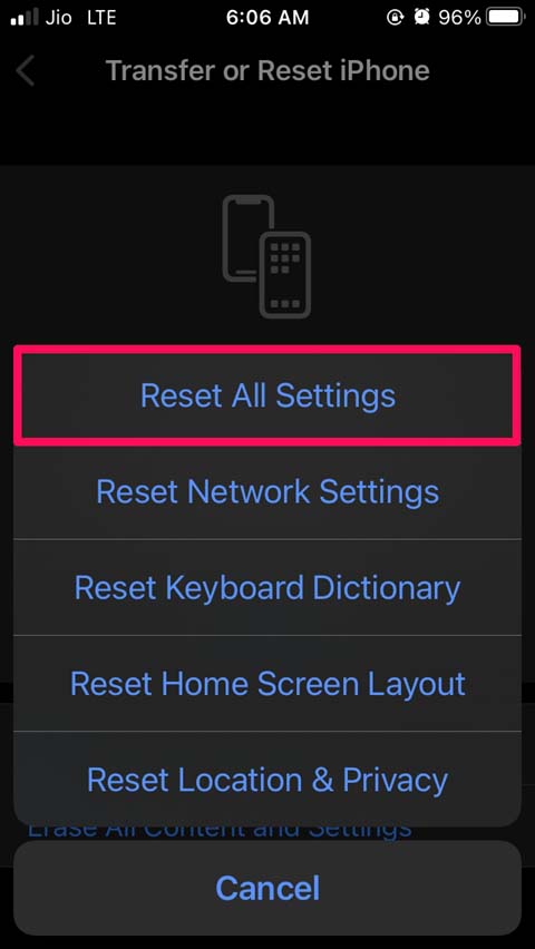 reset all settings iPhone