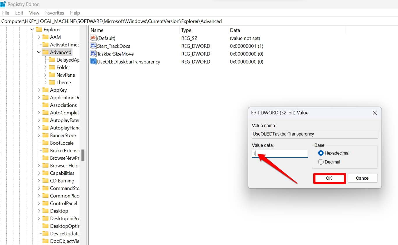 definir o valor para UseOLEDTaskbarTransparency