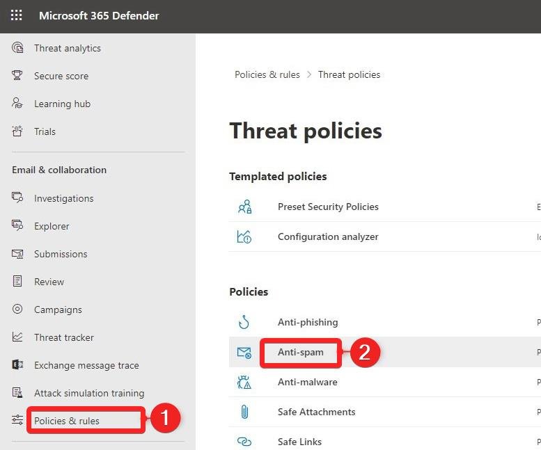 Scegli opzione Anti Spam sotto Politiche