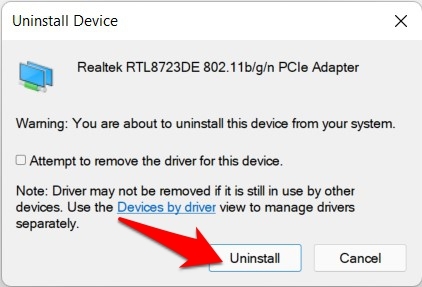 confirmation de désinstallation du pilote réseau windows 11