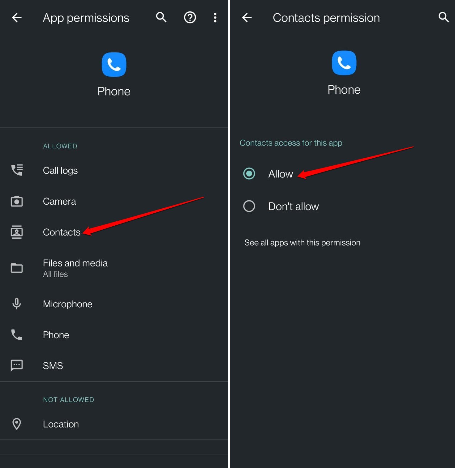 permitir que la aplicación del teléfono acceda a Contactos