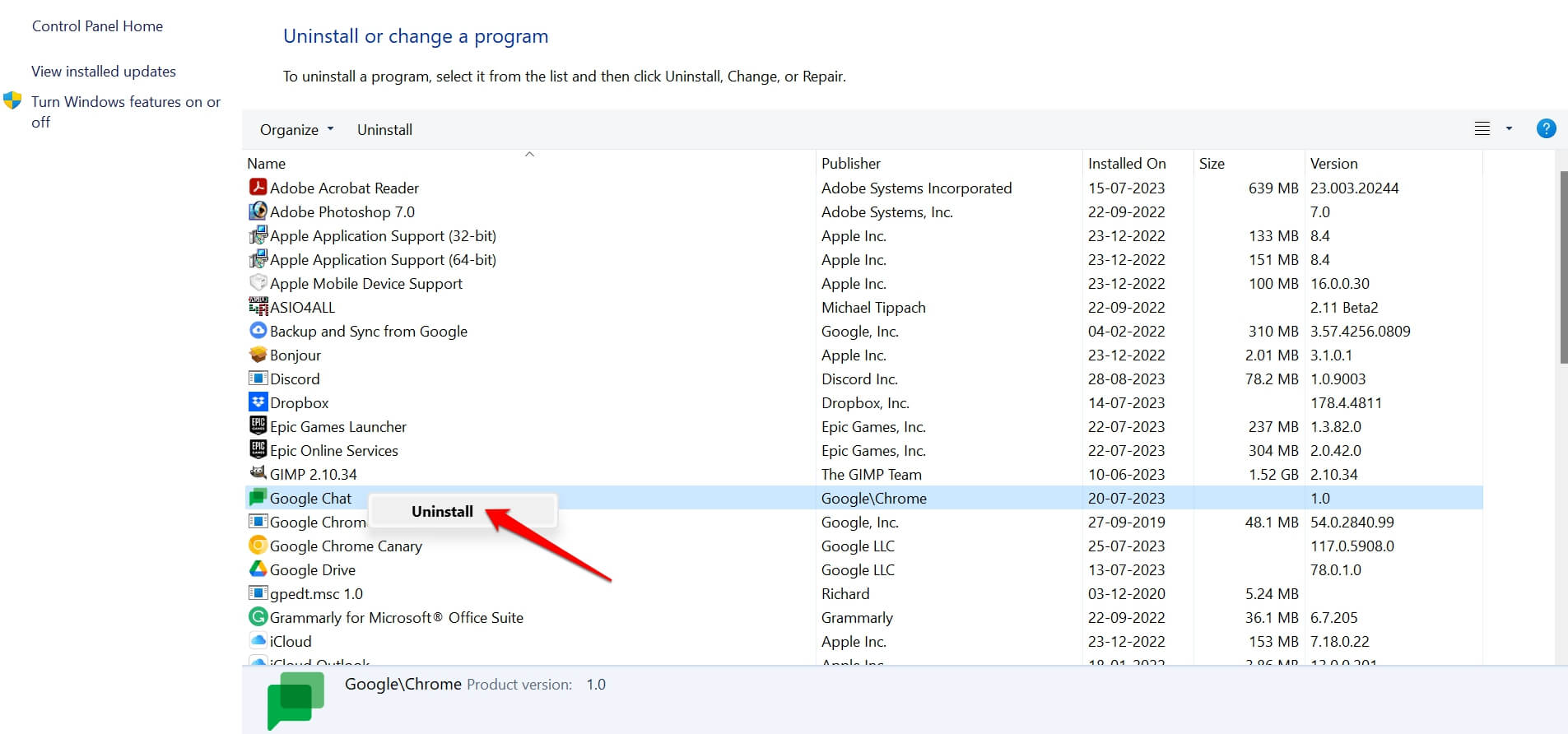 desinstalar Google Chat de Windows