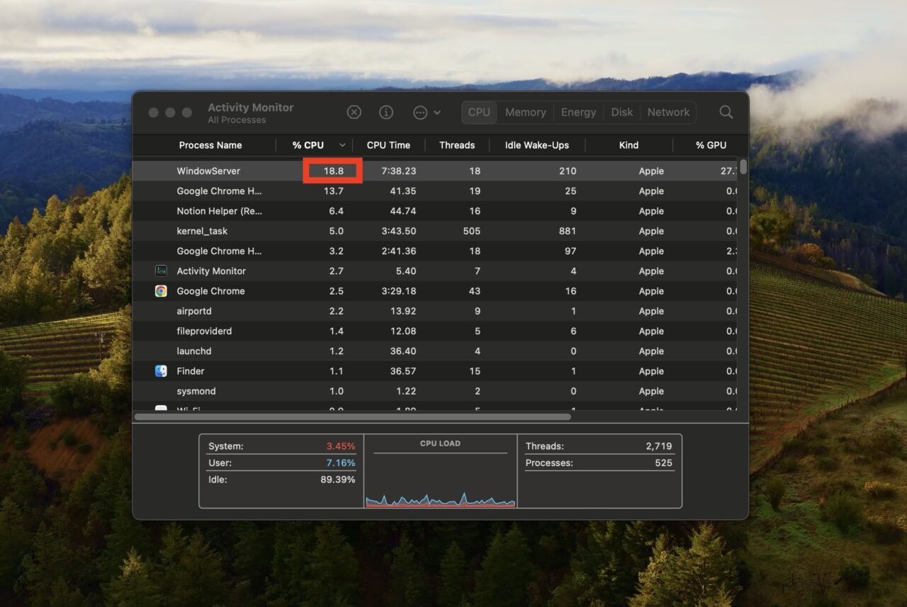 Utilisation du CPU de WindowServer