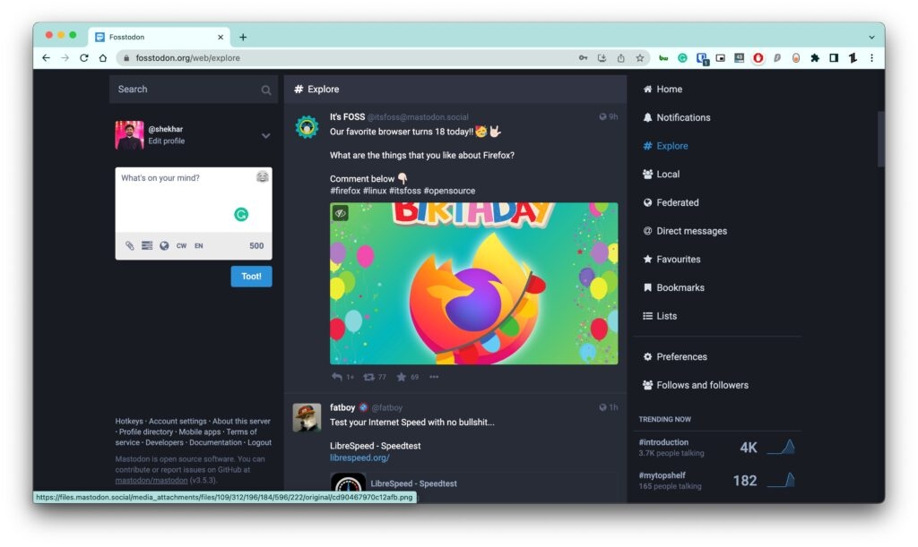 Aba Explorar do Mastodon