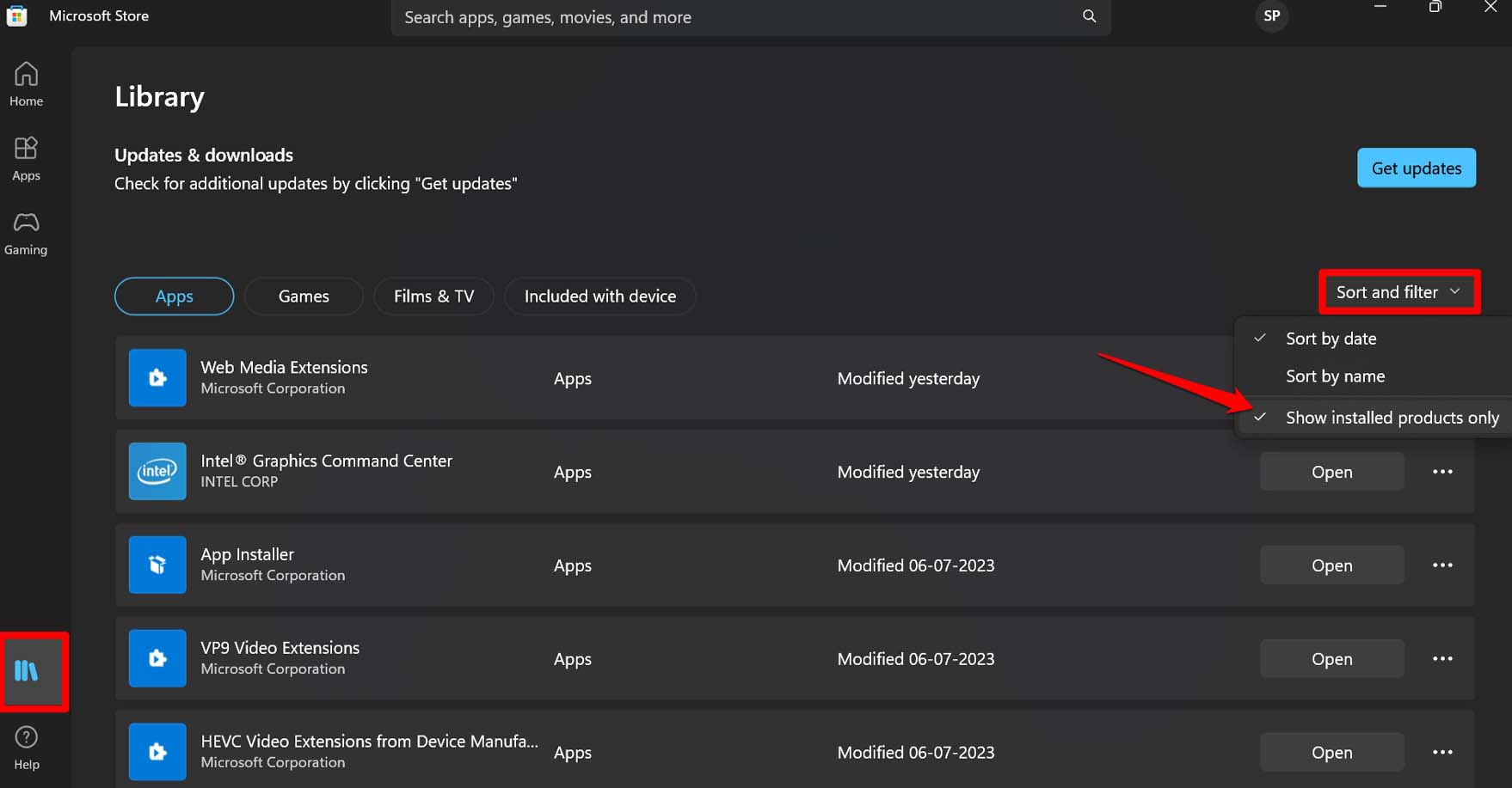 mostrar solo productos instalados en Microsoft Store