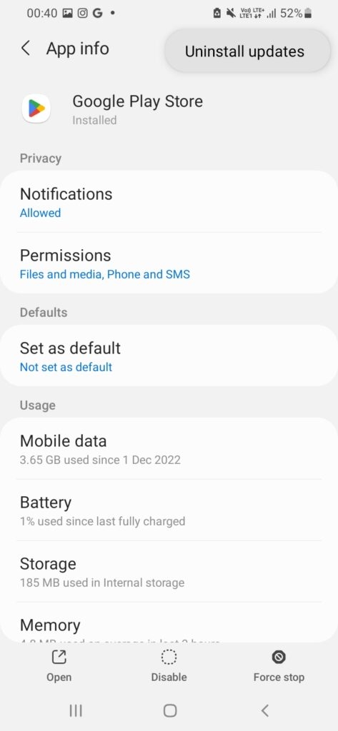 Disinstalla aggiornamento Google Play Store - Errore 