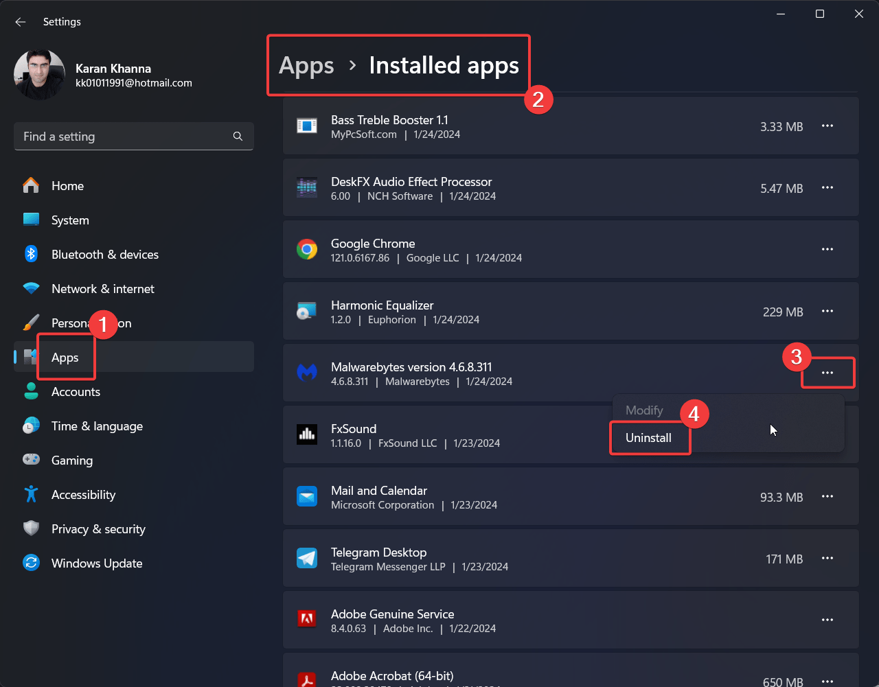Disinstalla app