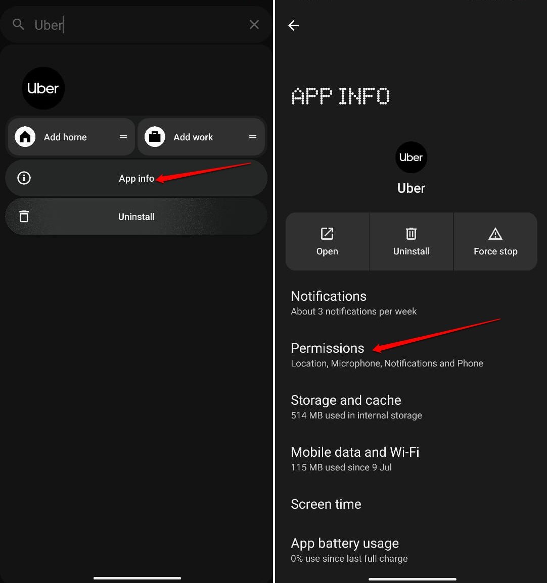 configuración de permisos de aplicación de android