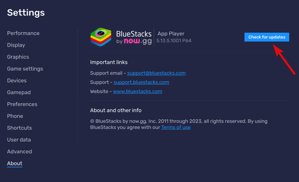 Schaltfläche Nach Updates suchen in BlueStacks