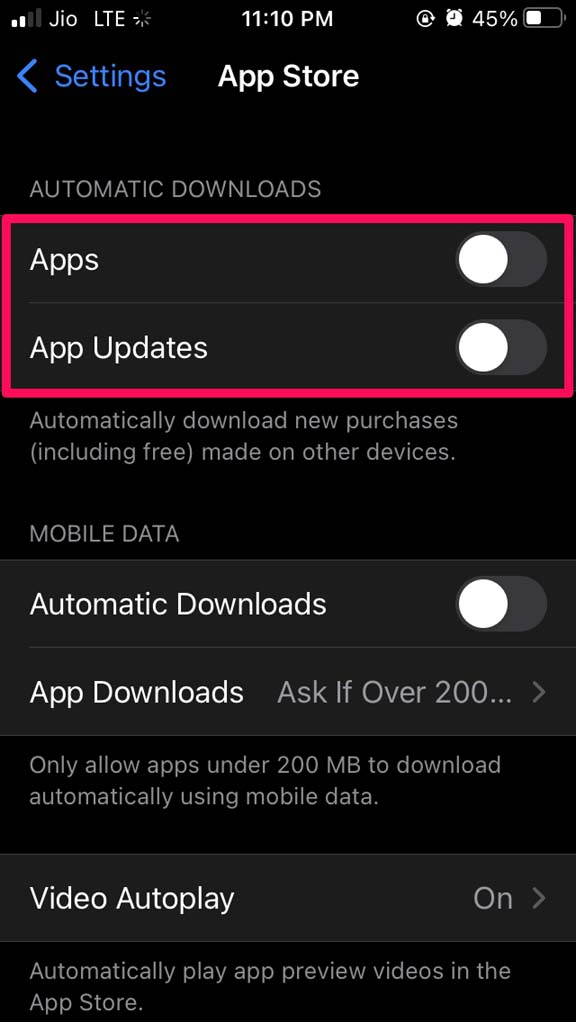 desativar apps e atualizações de apps