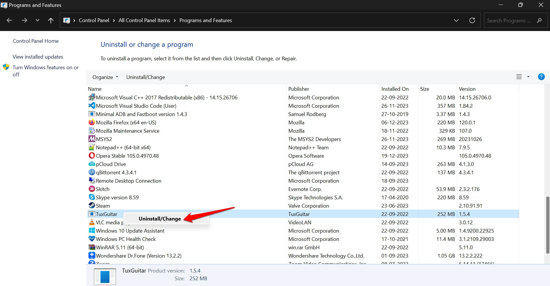 disinstalla applicazione su Windows