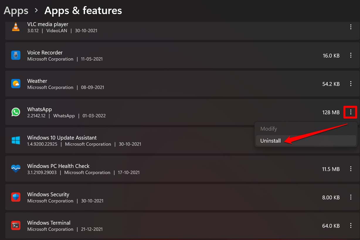 desinstalar whatsapp desde la configuración de Windows