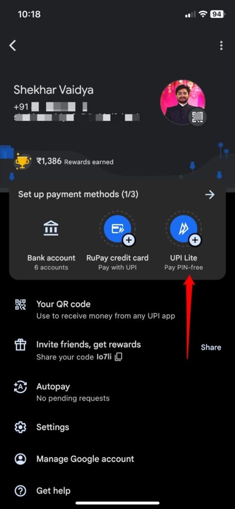 Активировать Google Pay UPI Lite