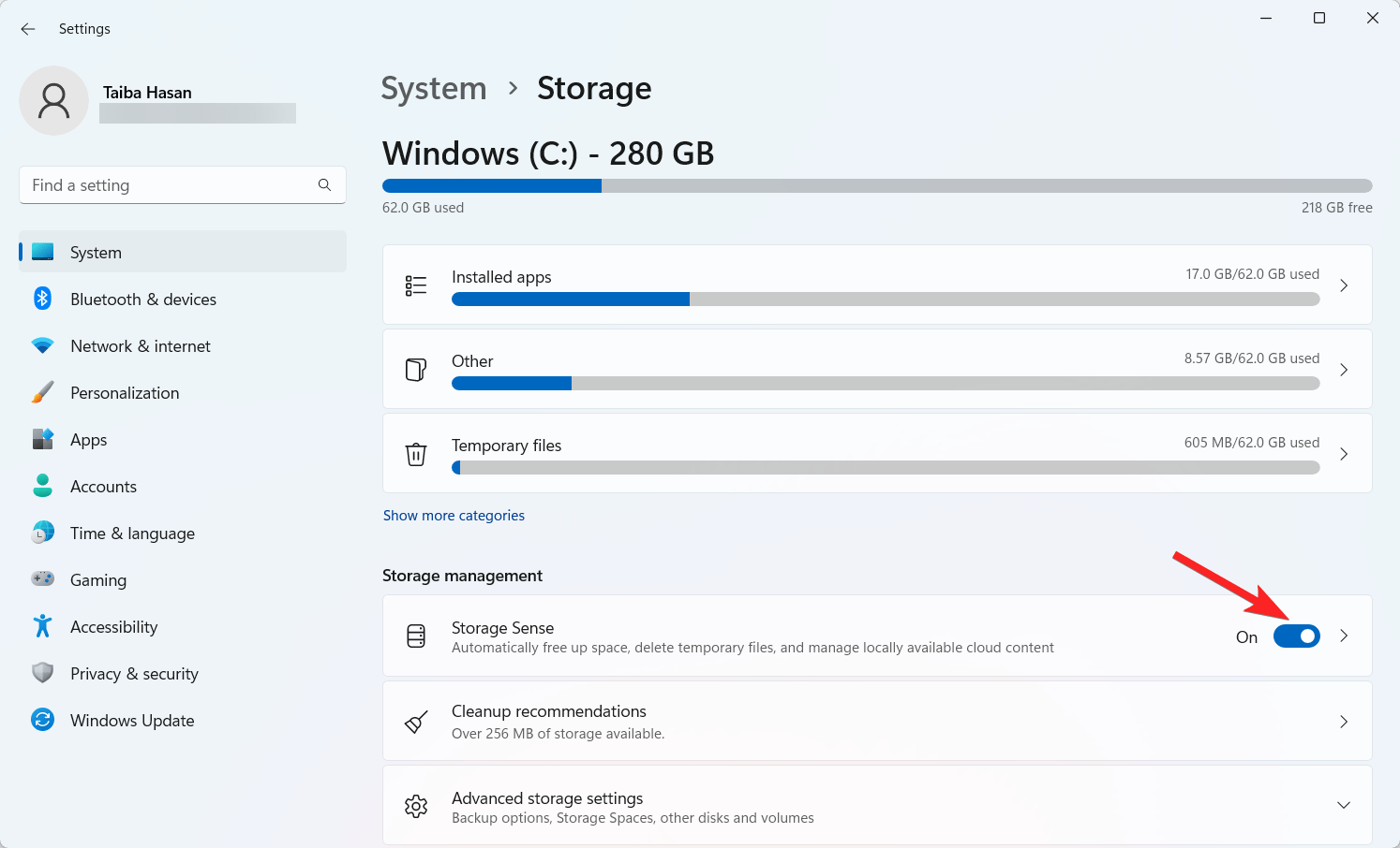 Activer la fonctionnalité Storage Sense