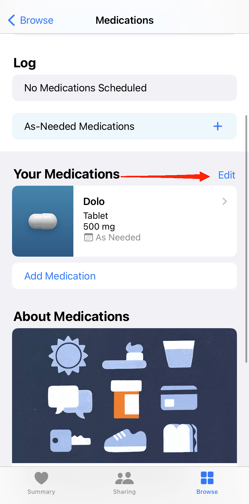 Una vez que abras la lista de medicamentos, toca el botón Editar en la parte superior.