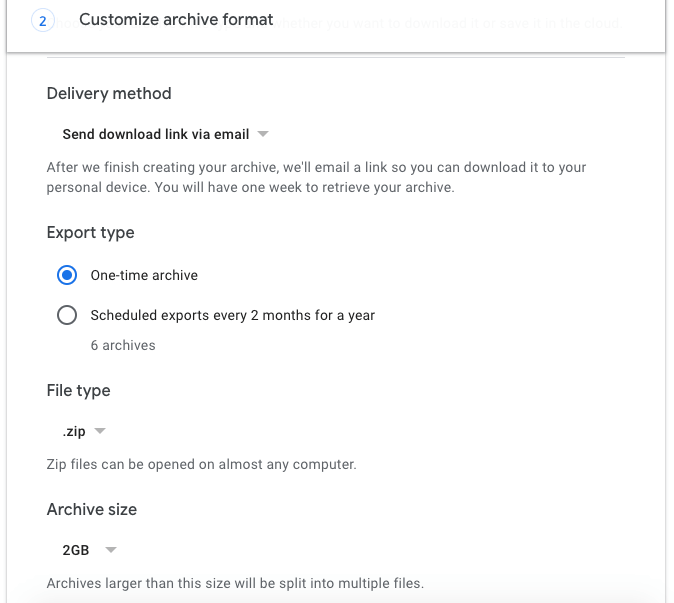 Archivformat in Google Takeout anpassen
