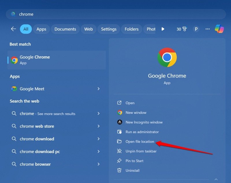 Öffnen Sie den Speicherort der Chrome exe-Datei in Windows