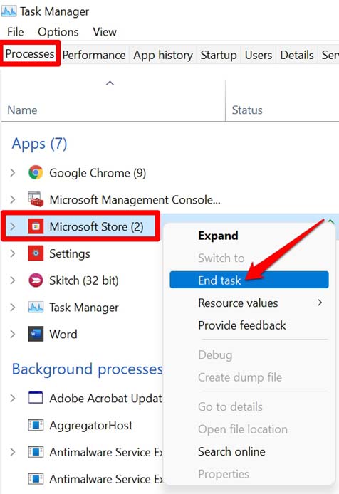 fermer l'application Microsoft Store