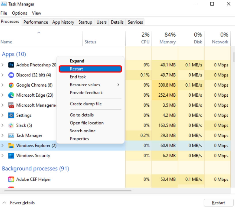 Riavvia il processo di Windows Explorer - Windows+Shift+S non funziona