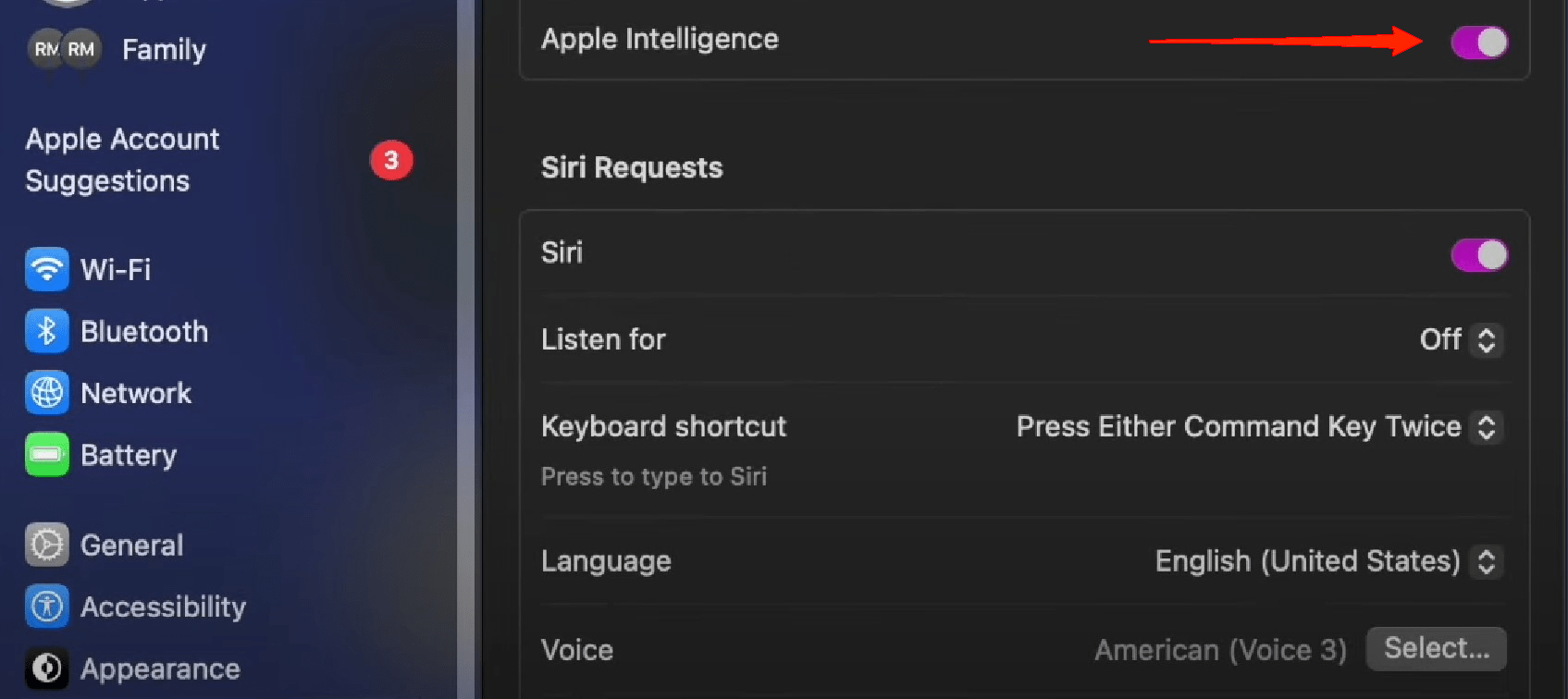 После выбора вы можете найти переключатель Apple Intelligence в главном окне. Просто отключите переключатель, и вы все сделали.