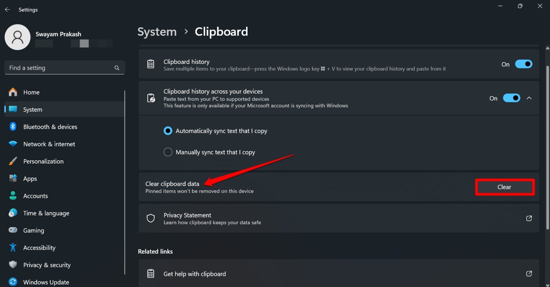 cancella dati degli appunti nelle impostazioni di Windows 11