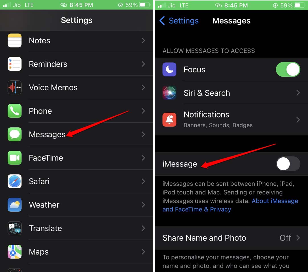 iMessageを無効にする