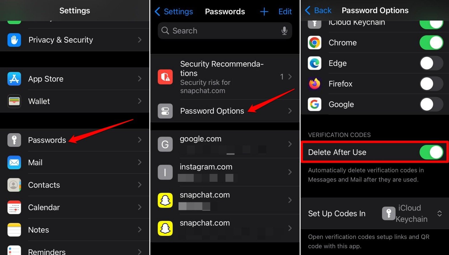 abilita-elimina-dopo-uso per rimuovere OTP e codici di verifica su iPhone