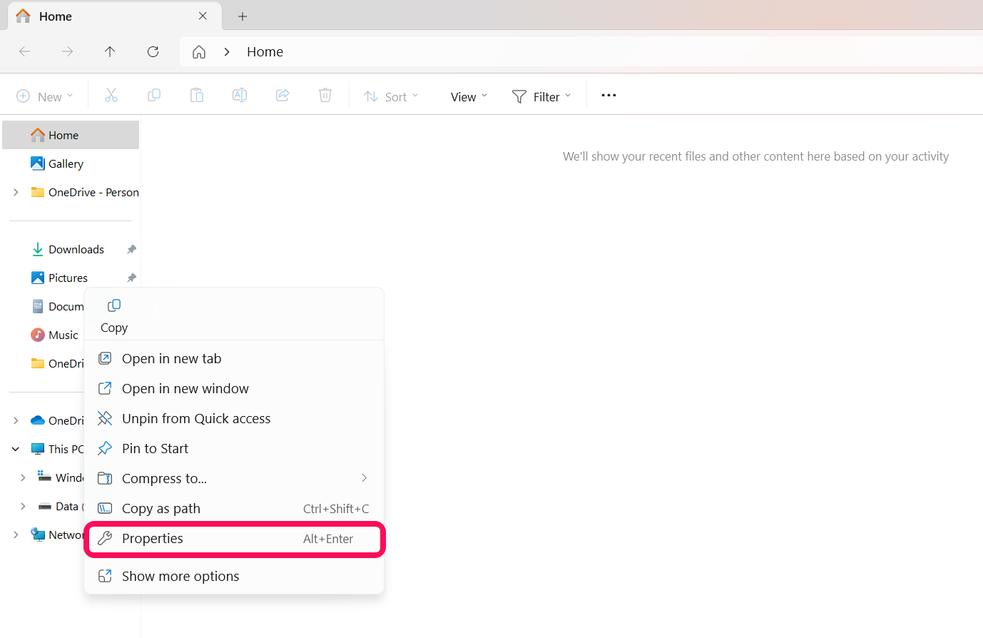 Klicken Sie mit der rechten Maustaste auf Bilder oder Screenshots und klicken Sie auf Eigenschaften