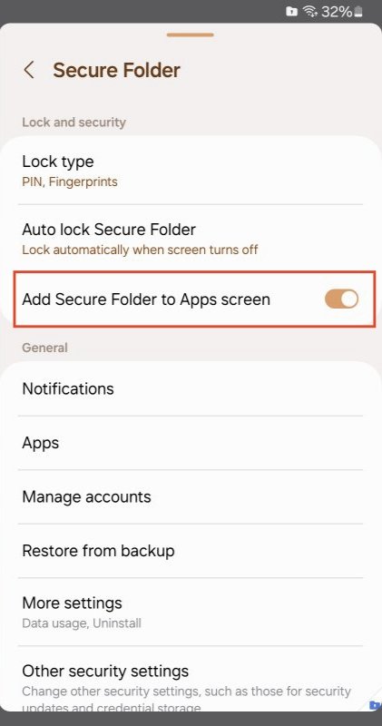 Sicheren Ordner zum Apps-Bildschirm hinzufügen
