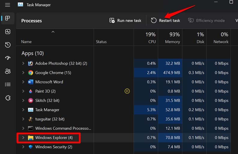 Windowsエクスプローラーのタスクを再起動