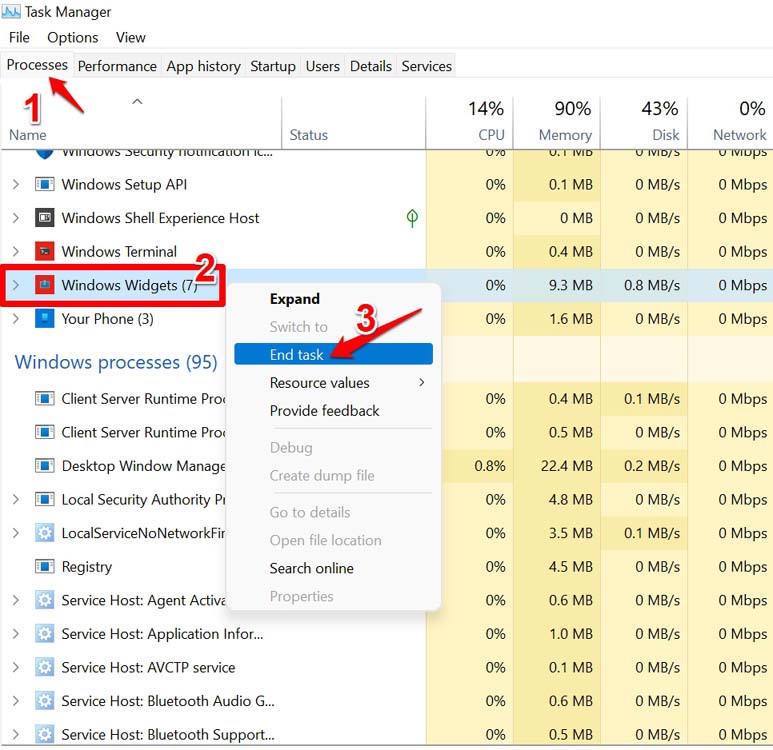finalizar tarefa widgets do windows