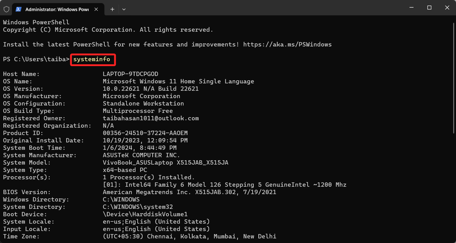 Esegui il comando systeminfo