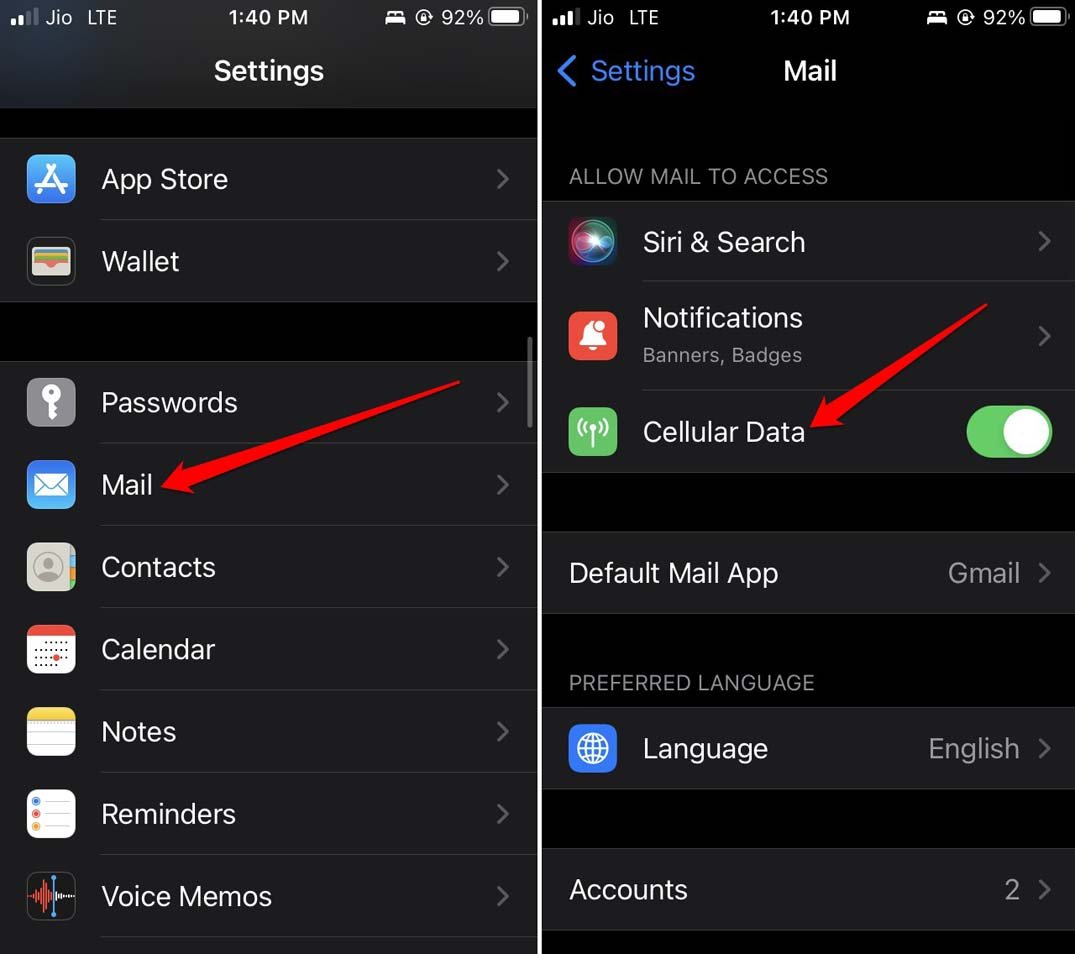 attiva dati cellulari per l'app Apple Mail iOS