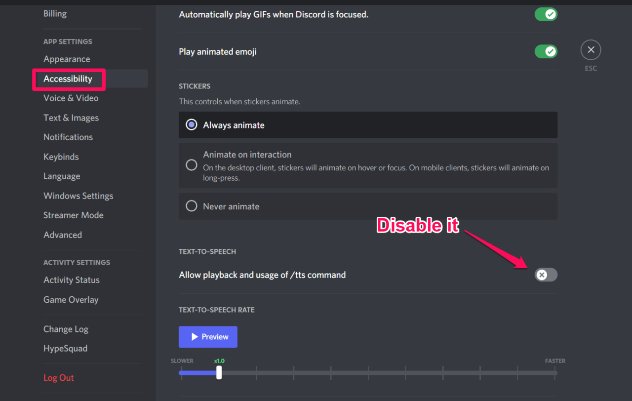Desativar Permitir reprodução e uso do comando tts
